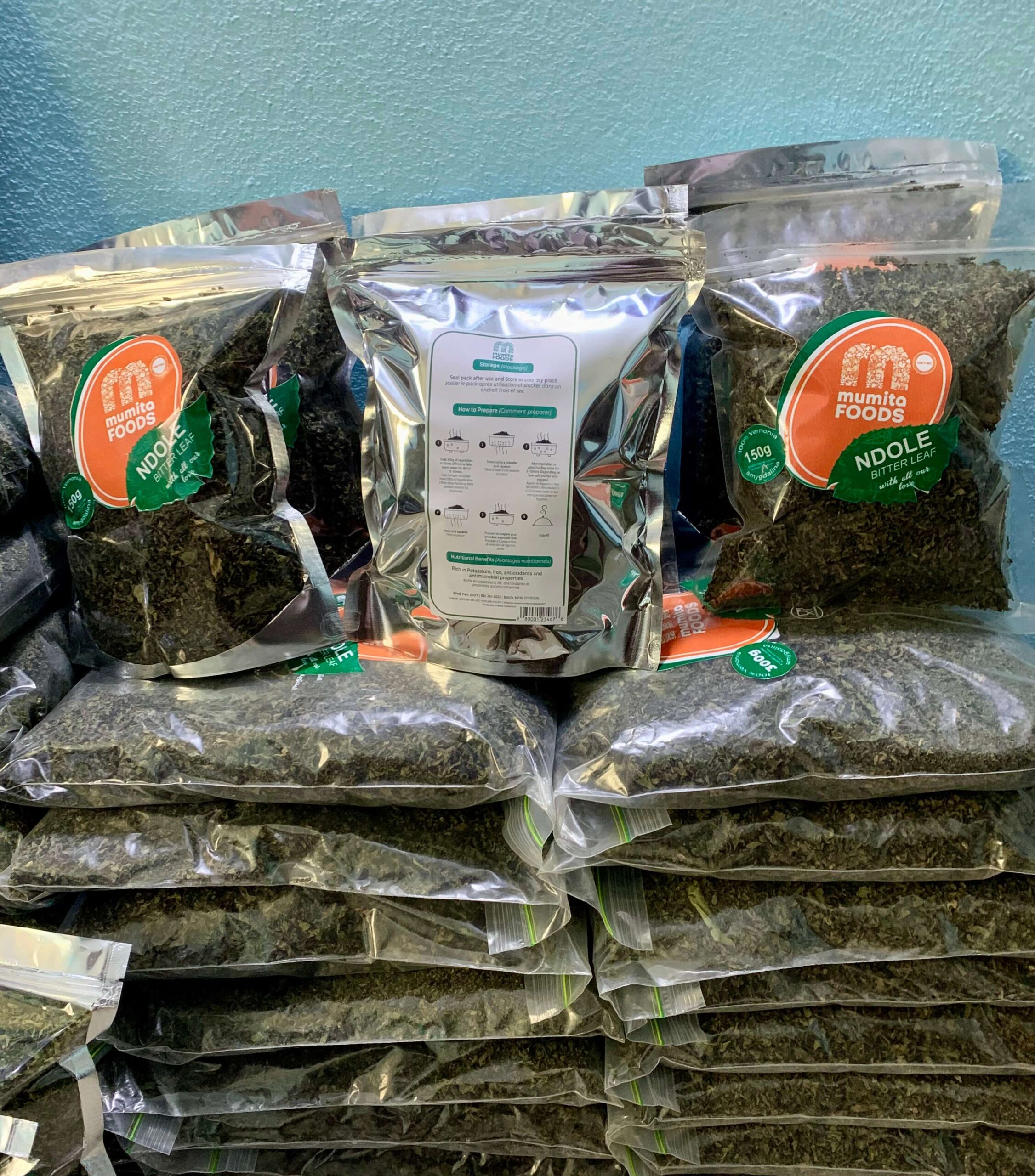 Stacked pouches of Mumita dried vegetables