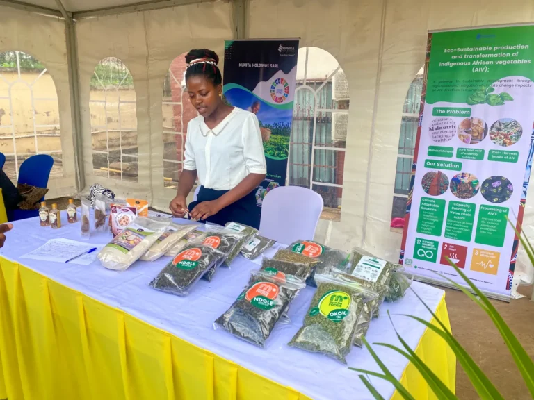 A staff member arranges packs at the Mumita exhibition table