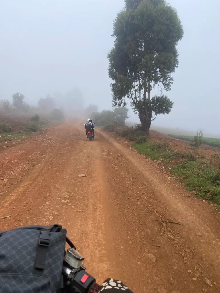A red dirt road leading to a field site in fog