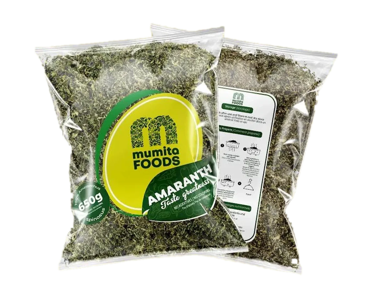 Two sealed 650g packs of Mumita Foods dried amaranth, front and back