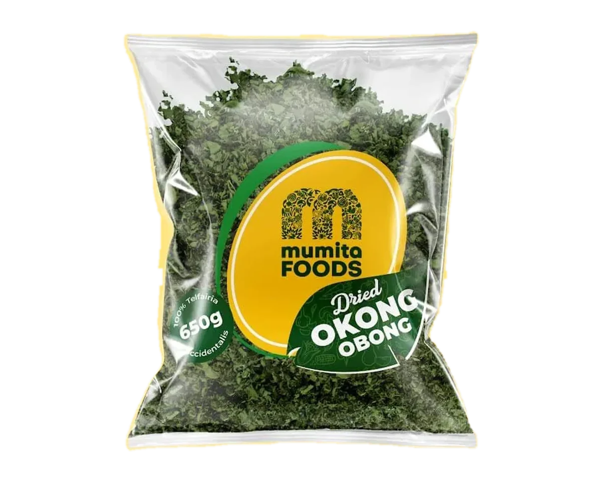 A sealed 650g pack of Mumita Foods dried okong obong